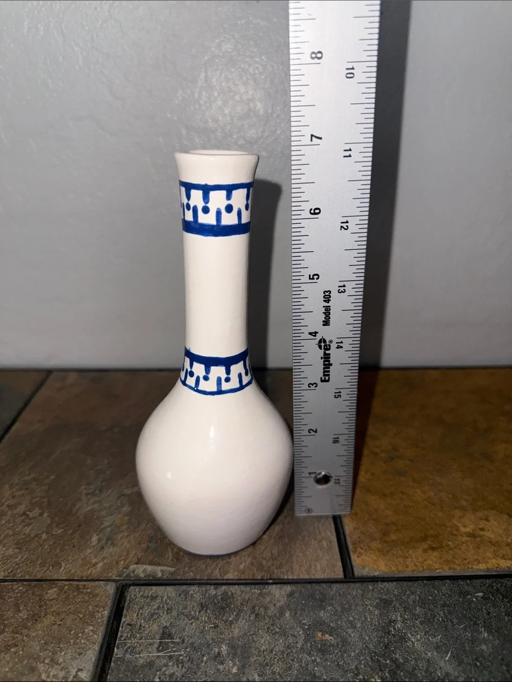 Hand Painted Blue and White Ceramic Bud Vase Folk Art Geometric Pattern 7.5